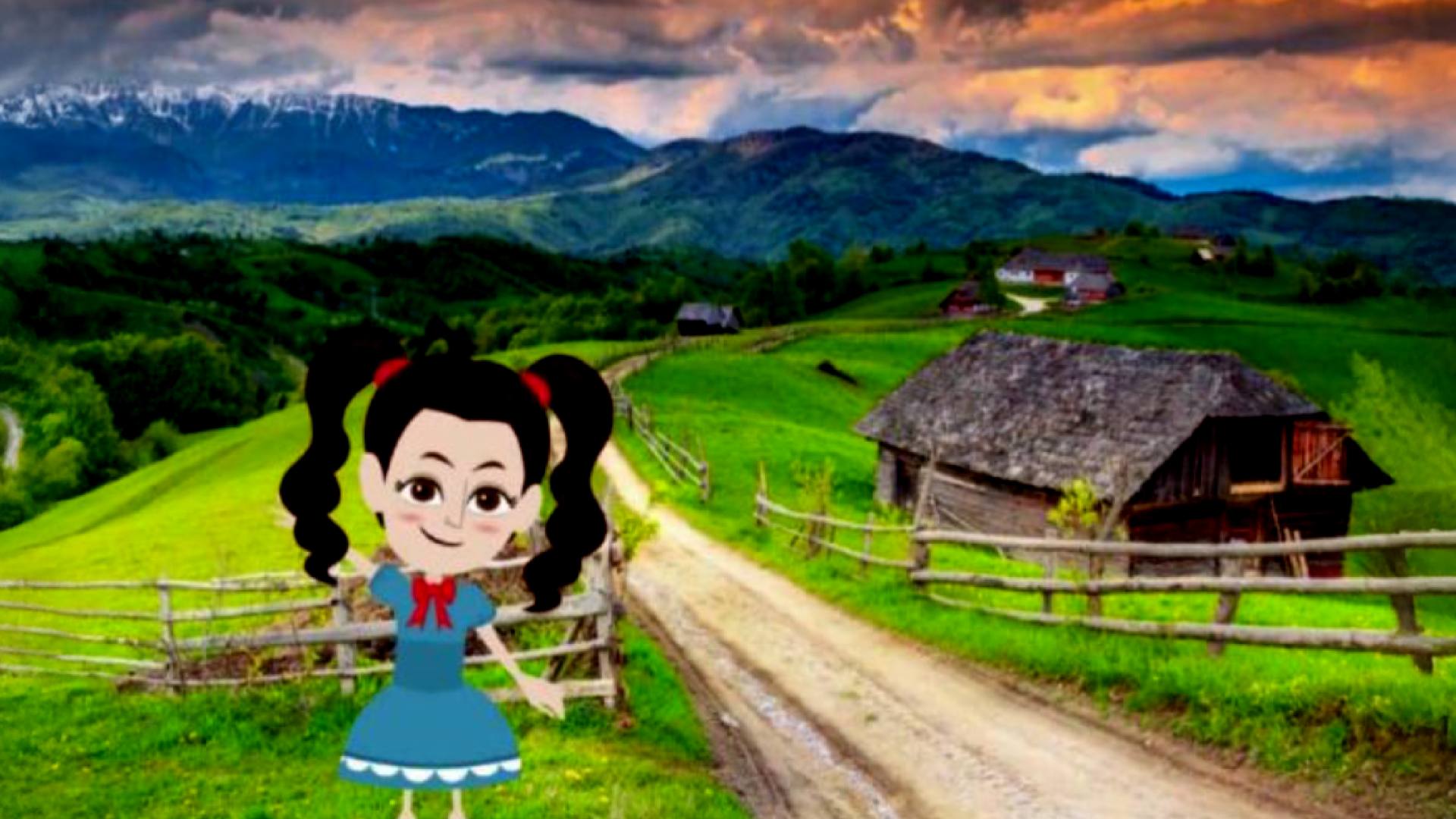 איור ילדה בנוף בקתה ושדה גדול