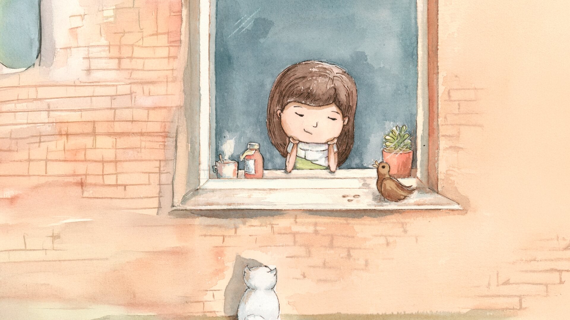 איור ילדה על אדן החלון עם ציפור