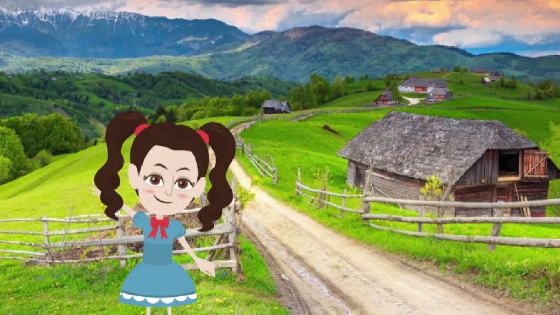 איור ילדה בנוף בקתה ושדה גדול